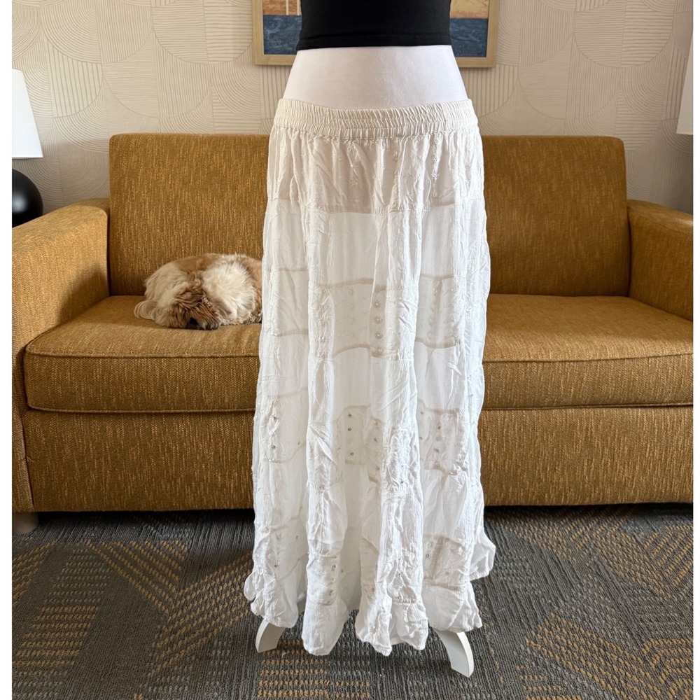 Sacred Threads White Rayon Tiered Maxi Skirt Sequin Embroidered Boho OSFM